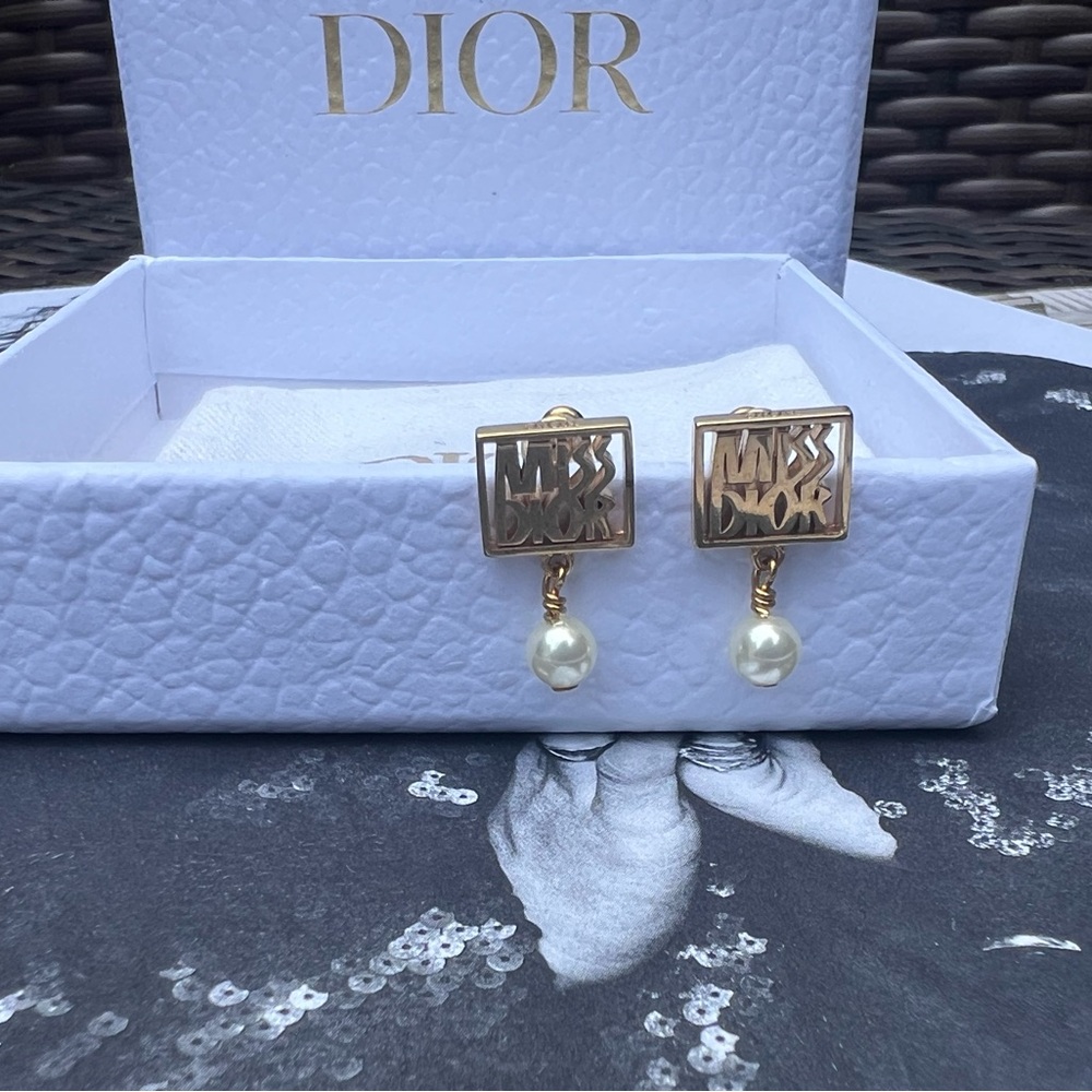 Dior Miss Dior Gold and White Geometric Pearl Drop Earrings